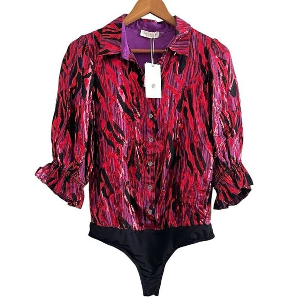 NWT Ramy Brook Printed Dina Bodysuit XS Red Top Metallic Whimsigoth disco - Picture 1 of 15